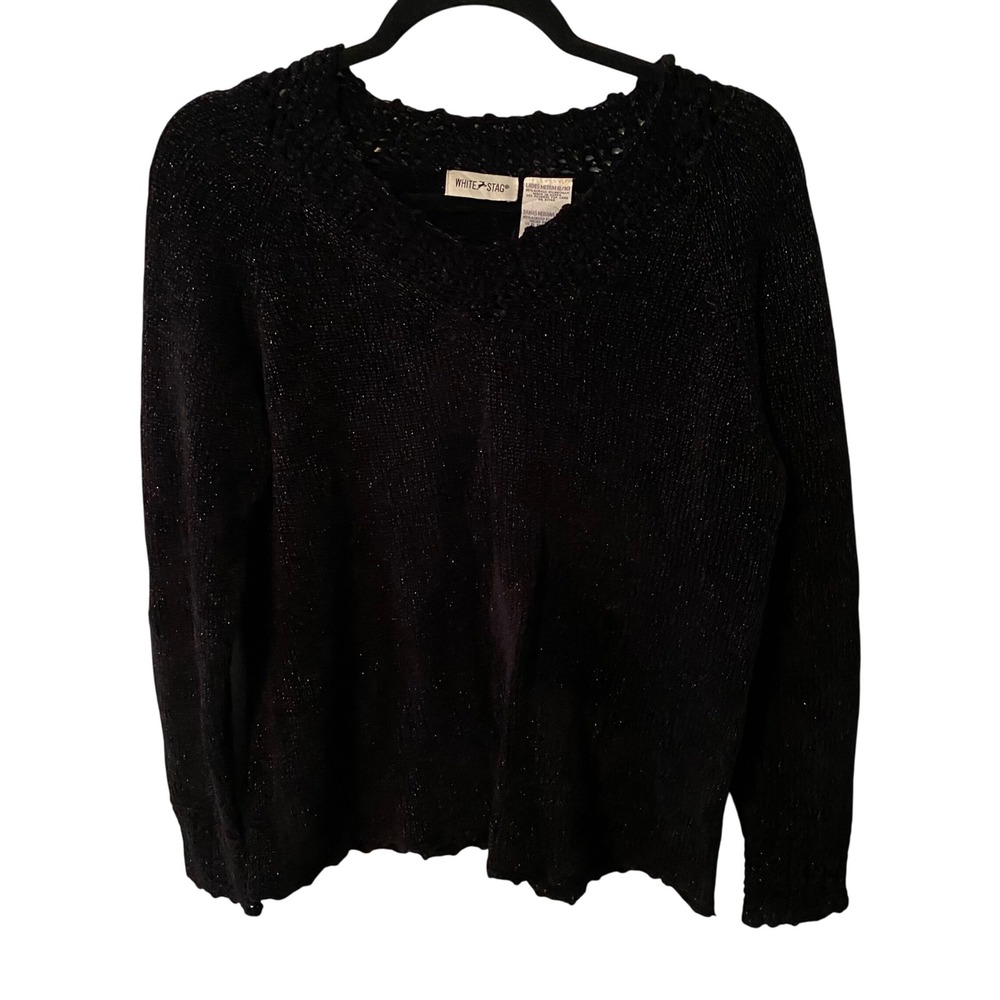 VTG White Stag Black Sparkle Knit V Neck Sweater Women's‎ Size M 8/10